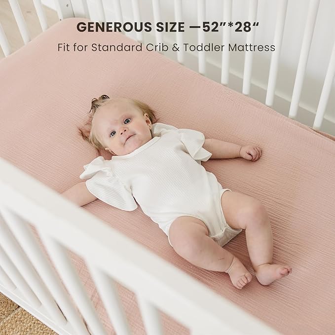 Muslin Crib Sheets for Baby Girls and Boys, Neutral Fitted Baby Bed Sheets for Standard Crib & Toddler Mattress - Soft and Breathable - 52"x28" (Pink & Ivory)