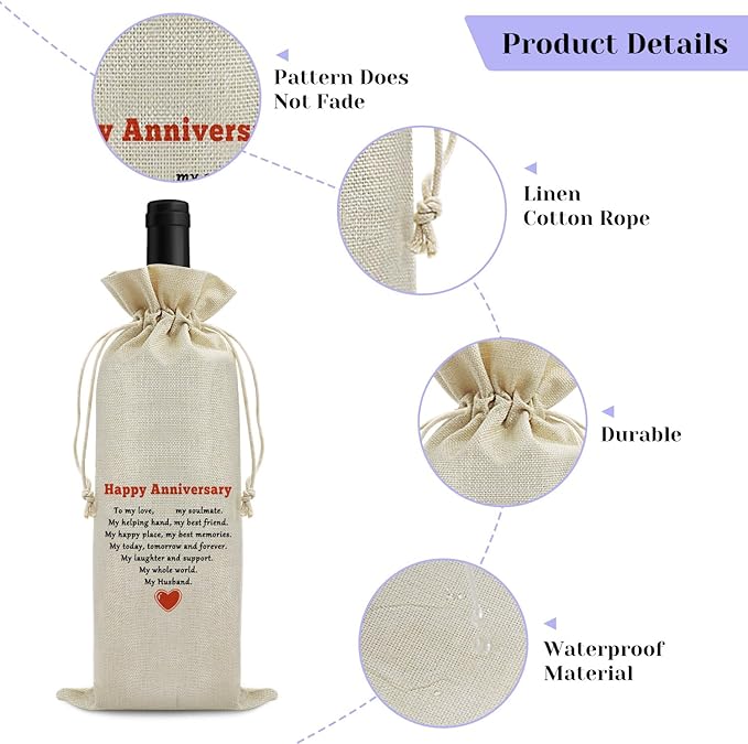 Happy Anniversary Wine Bags Friendship Anniversary for Couples Men Friends Drawstring Wine Wrapping Bag Anniversary Party Decorations Anniversary Marriage Gift for Husband Burlap Wine Gift Bag