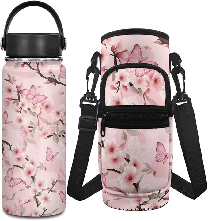 Peach Blossom 18 OZ Insulated Water Bottle for Girls 8-10/10-12 Years Old 2 Pcs Stainless Steel Water Bottle and Water Bottle Carrier Bag Set