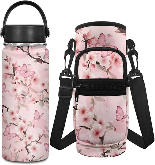 Peach Blossom 18 OZ Insulated Water Bottle for Girls 8-10/10-12 Years Old 2 Pcs Stainless Steel Water Bottle and Water Bottle Carrier Bag Set