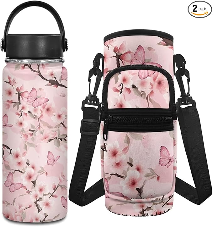 Peach Blossom 20 OZ Insulated Water Bottle for Girls 8-10/10-12 Years Old 2 Pcs Stainless Steel Water Bottle and Water Bottle Carrier Bag Set