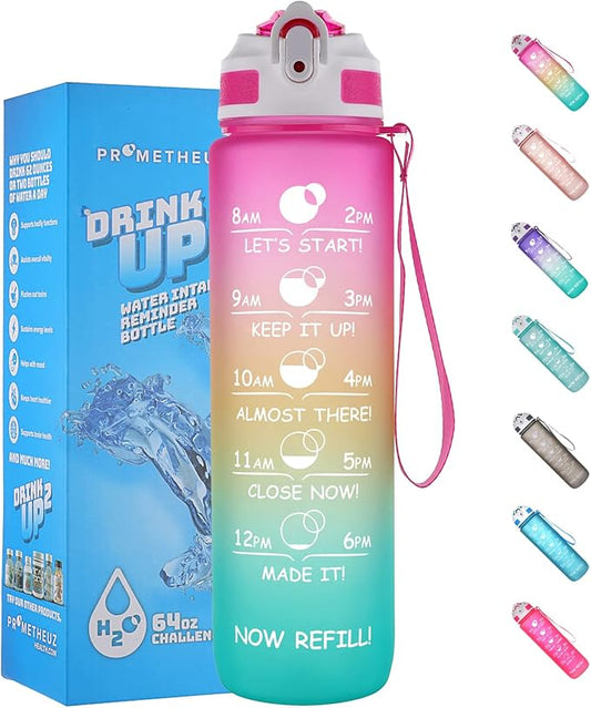 PROMETHEUZ Sports Water Intake Reminder Bottle with Time Marker and Straw, Leakproof Tritan BPA-Free, Fast Flow, Pink Yellow Mint, 32 oz