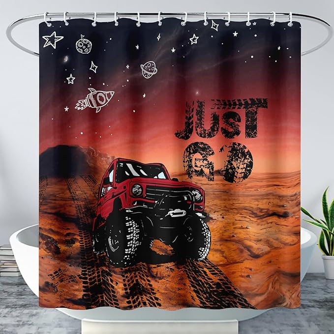 AILONEN Red Truck Shower Curtains,Galaxy Monster Truck Bath Curtains,Monster Jam Polyester Waterproof for Bathroom,72" W*96" H with 12 Plastic Hooks,Red