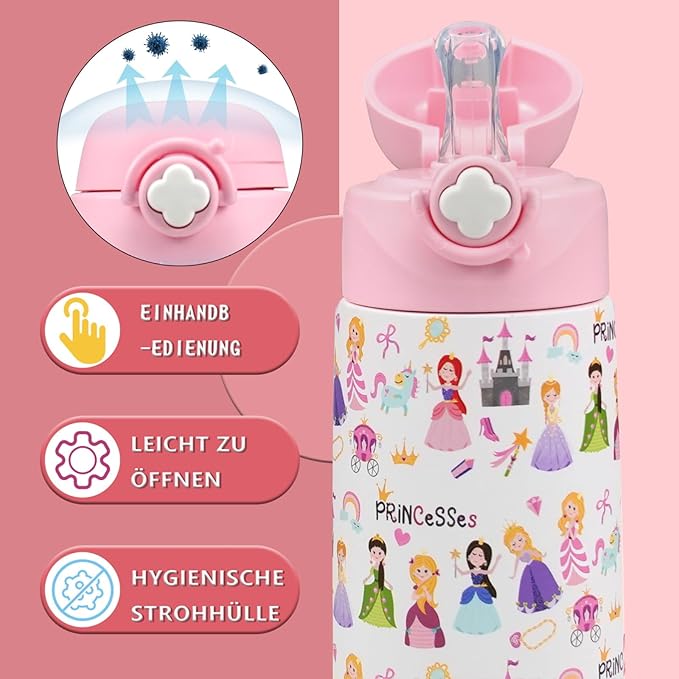 Kids Insulated Water Bottle with Covered Pop-Up Straw,16oz Kids Cups with Stainless Steel Leak Proof for School Boys Girls（2-Princess）