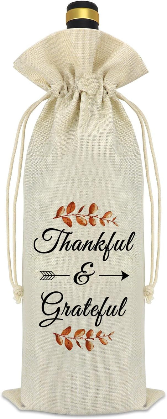 Thankful Grateful Wine Bag Thanksgiving Fall Theme Gift Thank You Gift for Friends Coworker Dad Mom Grandparents Autumn Holiday Halloween Christmas Birthday Gift for Women Men Reusable Wine Bottle Bag