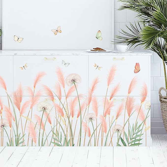 Green Plants Wall Stickers, Reed Flower Dandelion Butterfly Wall Murals Peel and Stick, Wall Decals for Living Room, Wall Décor for Bedroom, Wall Art for Kitchen, Kids Room Décor