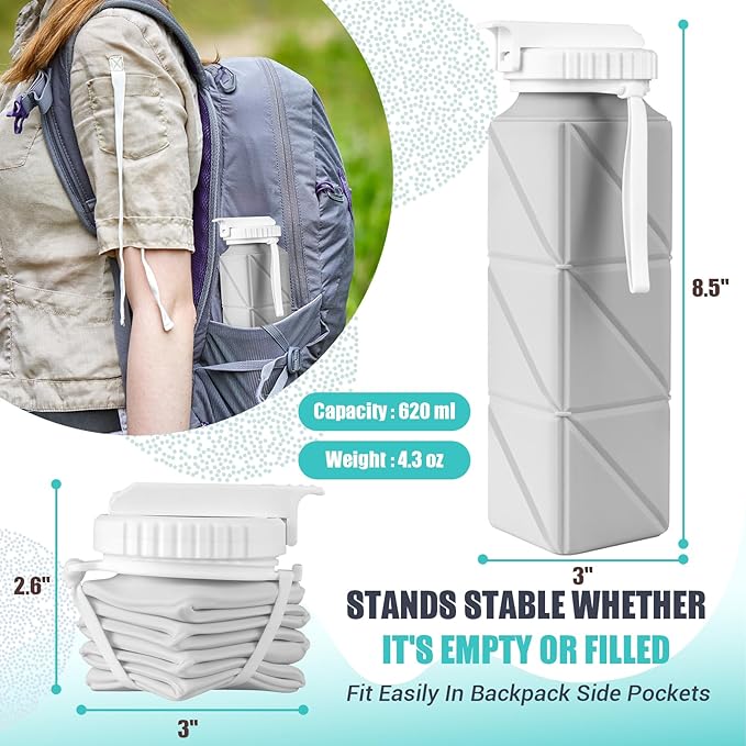 Collapsible Travel Water Bottles, Food Grade BPA Free Silicone Foldable Water Bottle, Leakproof Portable Expandable Water Bottles for Traveling, Camping, Hiking, Cycling & Sports Outdoor 620ml(2 Pack)