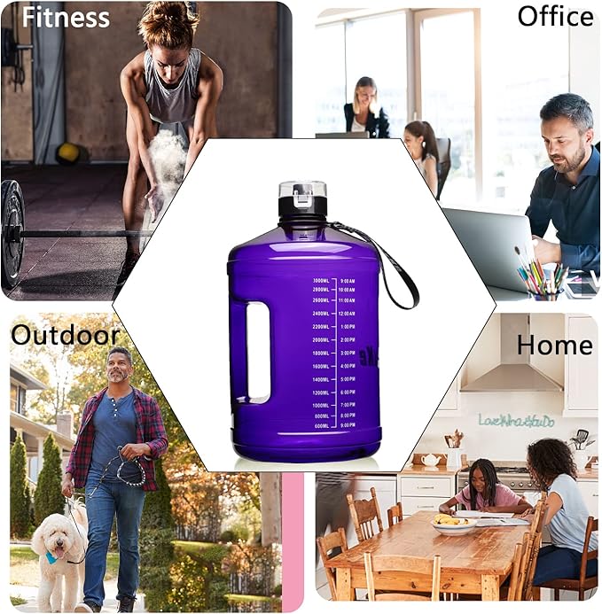 Gallon Big Water Bottle with Handle, 128oz Leakproof BPA Free Fitness Sports Water Bottle with Motivational Time Marker & Wide Mouth Ensure You Drink More Water
