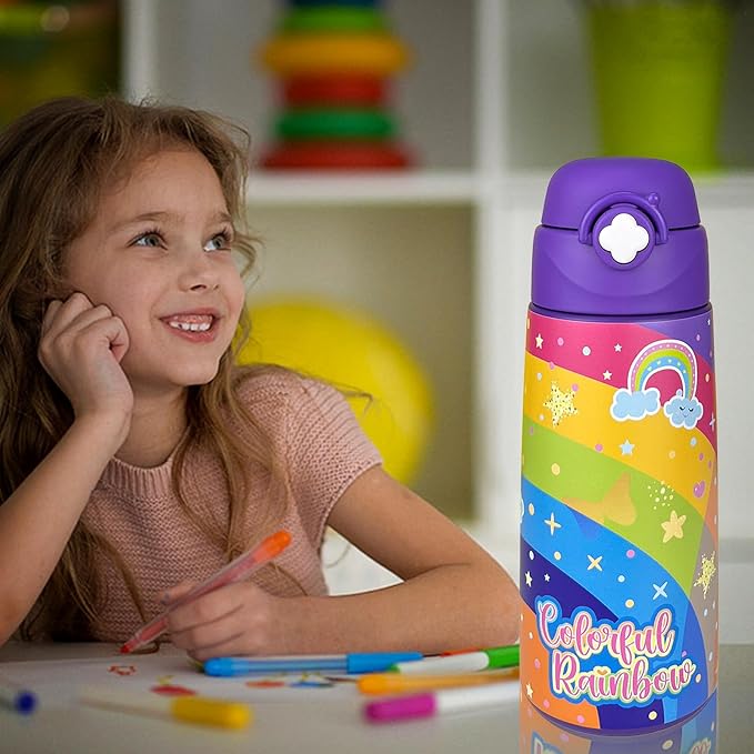 Kids Insulated Water Bottle with Covered Pop-Up Straw,16oz Kids Cups with Stainless Steel Leak Proof for School Boys Girls（Purple Rainbow）