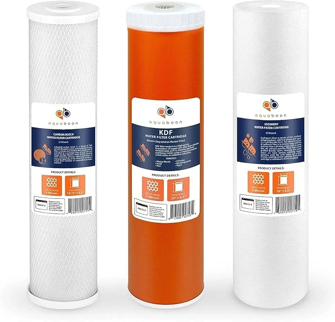 Aquaboon 5 Micron Water Filter 20 x 4.5 Cartridges Set | 20 inch Water Filter Cartridges | Premium CTO & KDF & Sediment Filters for Well Water | Whole House Filters Compatible with EP20-BB, FC25B