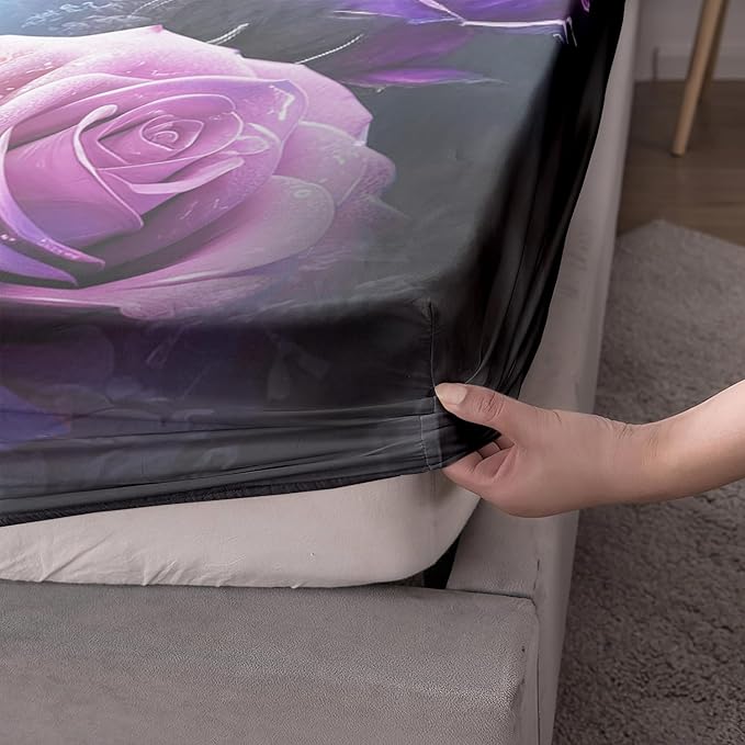 AILONEN Leopard Fitted Sheet Set Full Size, Purple Flower and Cheetah Bed Sheet Set Leopard Print Fitted Sheet with 2 Pillowcases,3 Pieces Leopard Sheets Set for Boys Girls