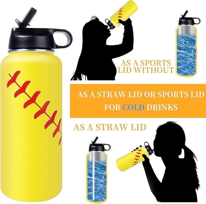22oz Wide Mouth Softball Water Bottle with Two Lids(Straw, Handle Lid), 18/8 Stainless Steel Vacuum Insulated for Travel & Sport Cup. (Softball Yellow, 22oz)