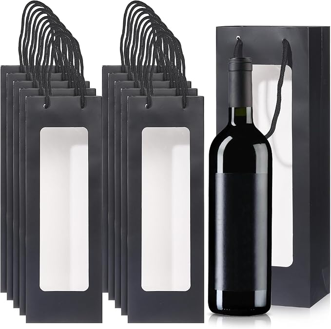 Megitzuu Wine Bottle Gift Bags With Window, 10 Pack Reusable Kraft Paper Wine Gift Bags for Wine Bottle Birthday Party Wedding Bridal Shower Gift Supplies