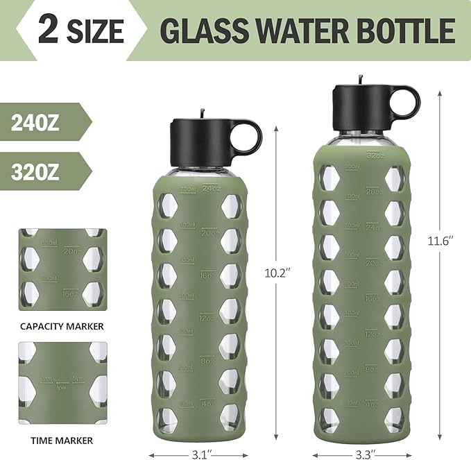 MUKOKO Glass Water Bottles, 24oz Glass Tumbler, Drinking Bottles with 2 Lids-Handle Flip Straw Lid&Bamboo Lid, Motivational Water Bottle with Time Marker and Silicone Sleeve, Leakproof-1 Pack-Olive
