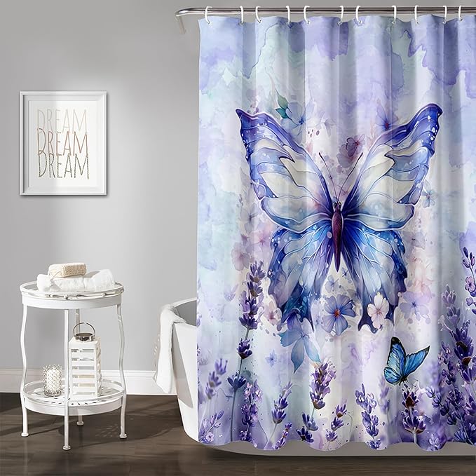 AILONEN Beautiful Butterfly Shower Curtain,Purple Butterfly Bath Curtain for Bathroom for Girls,Lavender Flower Shower Curtain,Watercolor Tie Dye Shower Curtain Set with Hooks,72" W*84" H