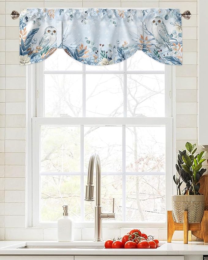 Blue Christmas Blackout Tie Up Valance Curtains for Kitchen Windows Winter Snowy Owl Poinsettia Eucalyptus Leaves Window Toppers Balloon Shades for Living Room/Bathroom/Bedroom,1 Panel, 42" X 12",