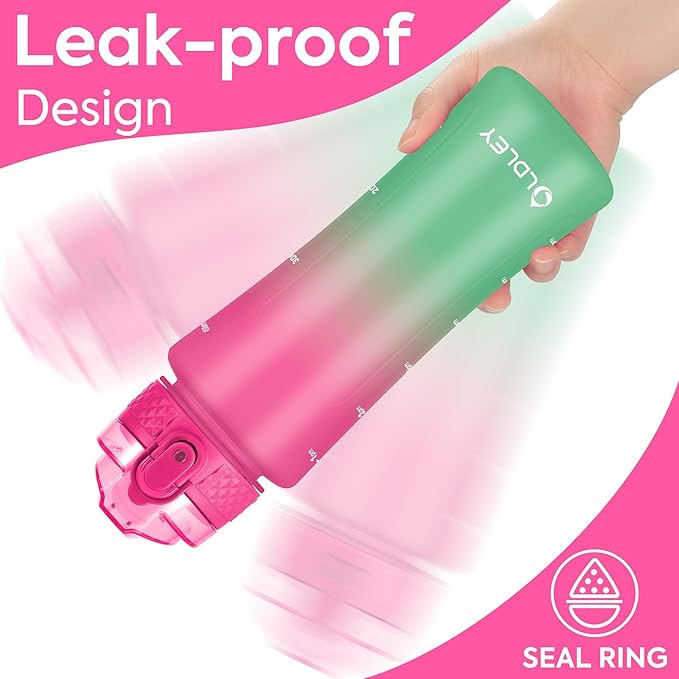 OLDLEY Kids Water Bottle with Straw 15 oz BPA-Free Leak-Proof Motivational Water Bottles with Time Marker for School Sports Travel Gym, Easy to Use for Girls Goys, 1 Straw Lid, Rose-Red Green