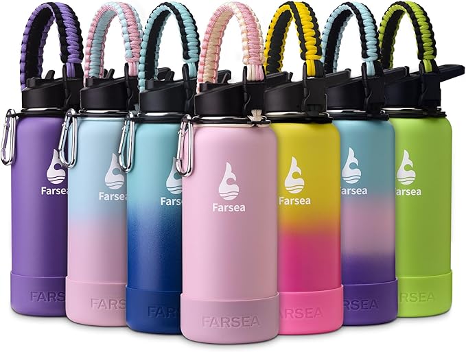 Farsea Insulated Water Bottle With Paracord Handle, Protective Boot and 2 Lids (Straw Lid & Spout Lid), Stainless Steel Water Bottle Wide Mouth, Double Wall Sweat-Proof BPA-Free, 32 oz