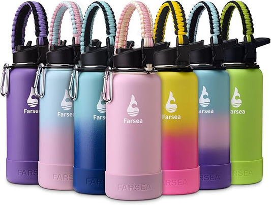 Farsea Insulated Water Bottle With Paracord Handle, Protective Boot and 2 Lids (Straw Lid & Spout Lid), Stainless Steel Water Bottle Wide Mouth, Double Wall Sweat-Proof BPA-Free, 32 oz