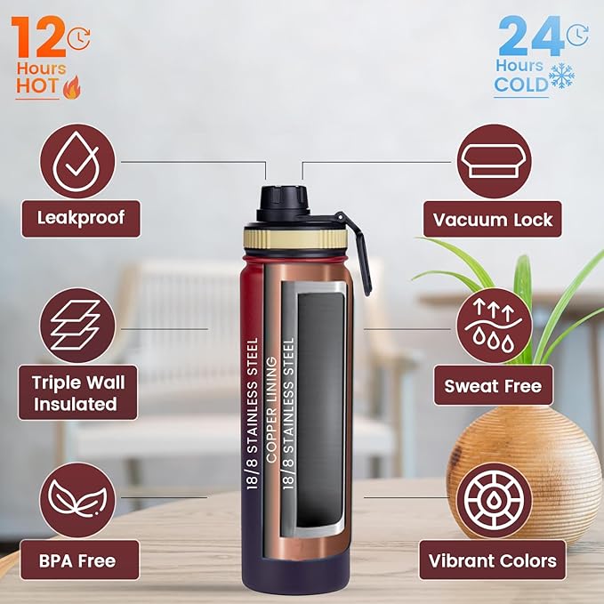 Water Bottle 22oz, Triple Walled Insulated Stainless Steel Reusable Bottle, Silicone Sleeve, Cleaning Brush, 2 Lids (Spout lid & Straw lid w/2 straw), Metal Mug Gallon, BPA Free, Dark Rainbow
