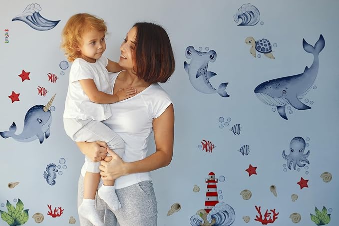 Ocean Wall Decals for Kids by Lipastick - Sea Kids Wall Stickers - Creative Nursery Wall Decal for Children – Nautical Vinyl Wall Decal Whale Shark Octopus Turtle Lighthouse S Size