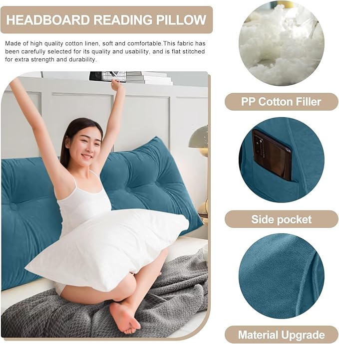 Large Triangular Headboard Pillows Long Backrest Positioning Support Bolster Cushion for Daybed Fluffy Quality Plush Body Wedge Pillow with Removable Cover(Dark blue-King-76x8x20in)