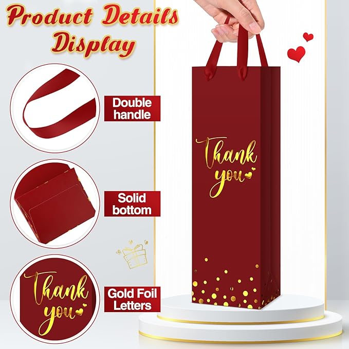 Ctosree 30 Pcs Wine Gift Bag for Wine Bottle Wedding Wine Thank You Gift Bag with Metallic Gold Foil Print Kraft Wine Paper Favor Bag with Attractive Rope Handle for Graduation Bottle(Burgundy)