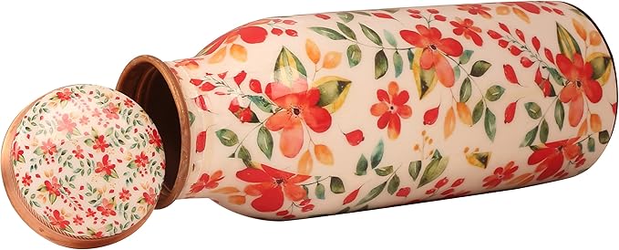 Pure Copper Water Bottle - Handcrafted - Ayurveda health benefits - Large 17.50 oz - Leak proof - Easy to carry for Sports, Fitness, Yoga, School - White Base Floral Vintage Colors Enamel