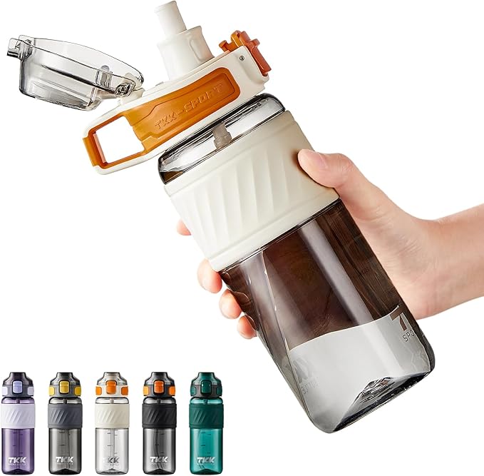 TKK 20oz Sports Water Bottles with Removable Straw Durable BPA Free Tritan Bottles Leak-Proof Water Bottles for School, Fitness, Gym, Outdoor, White