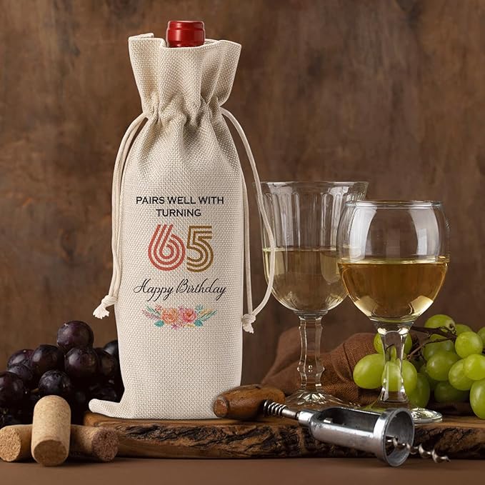 Funny 65th Birthday Gifts for Women Men Wine Bag, Happy Anniversary 65th birthday Party Decorations for Women Men Wine Bags, 65 Year Old Birthday Gifts for Women Wine Bottle Bag