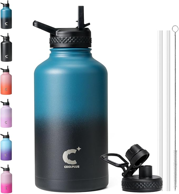 Coolplus 64 oz Water Bottle Insulated, Half Gallon Insulated Water Jug With Straw Stainless Steel Double-Walled Vacuum Metal Large Flask Bpa-Free Leakproof, Keep Cold 48 Hrs Hot 24hrs, Blue Black
