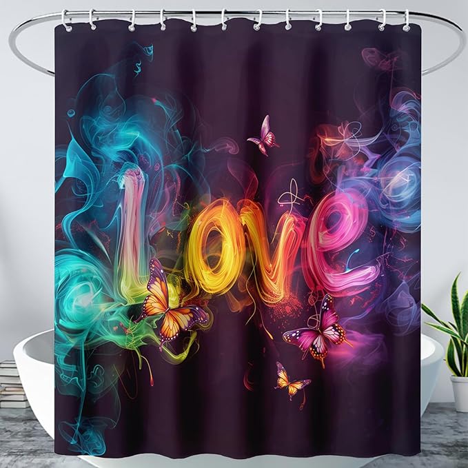 AILONEN Love Theme Shower Curtain for Bathroom,Romantic Smoky Butterfly Bath Curtain,Gradient Love Shabby Chic Print Black Shower Curtain with 12 Plastic Hooks,Waterproof 72" W*96" H