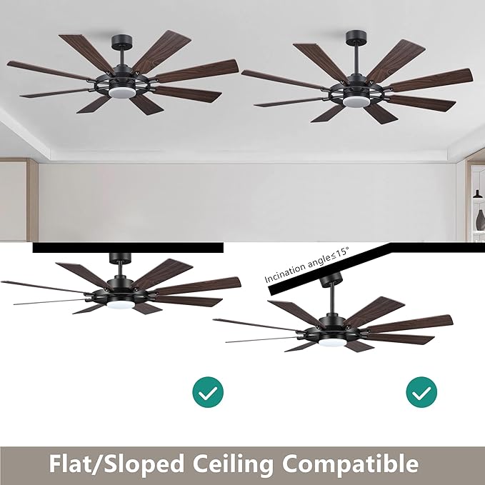 60/80 inch Ceiling Fan (Black-Walnut, 72" (LED Light / 3 Downrods))