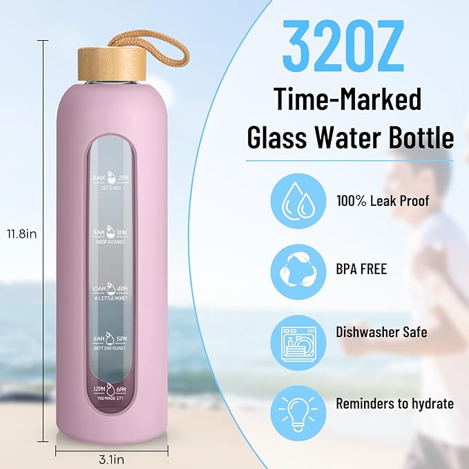 Sursip 32 oz Glass Water Bottle with Time Marker,1 Liter BPA-Free Reusable Motivational Water Bottle with Non-Slip Silicone Sleeve and Bamboo Lid, Ice Cube Tray, Leak-Proof, Dishwasher Safe