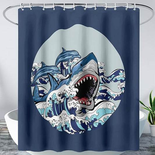 AILONEN Cartoon Shark Shower Curtain for Kids Boys Girls,Blue Ocean Wave with Shark Waterproof Fabric Shower Curtain for Bathroom,Blue Jumping Dolphin Theme Shower Curtain Set with Hooks,60" W*72" H