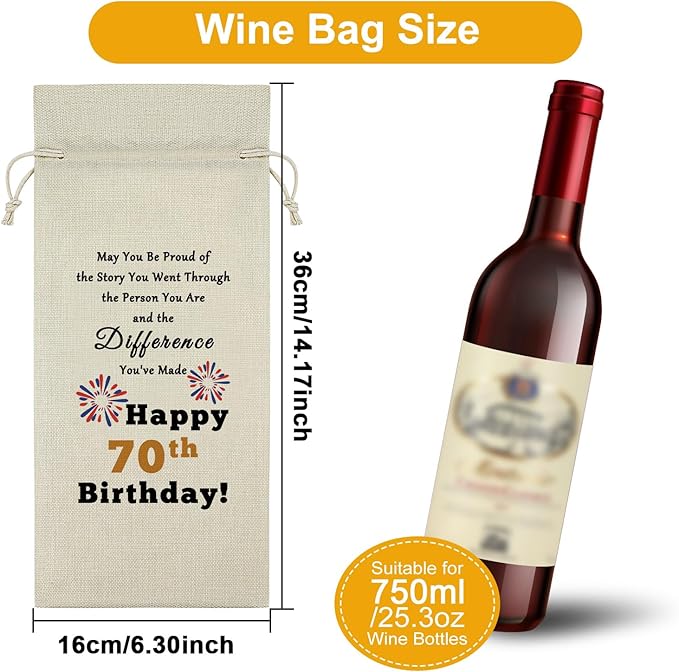 Sazuwu 70th Birthday Gifts for Her Him Wine Bag 70 Years Old Gifts for Women Inspirational Birthday Quotes Wine Accessories Gifts for Wine Lovers Born in 1954 Gifts Birthday Gift for Mom Turning 70