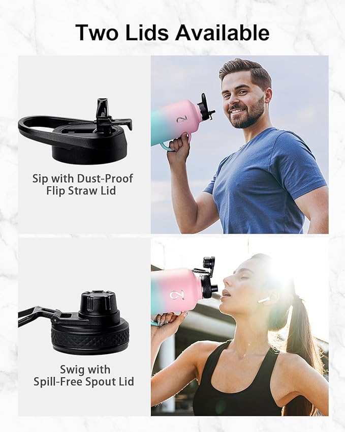 Trebo 64oz Water Bottle Insulated with Straw &2 Lids, Half Gallon Double Wall Vacuum Stainless Steel Metal Large Jug with Handle, Wide Mouth Coffee Flask Mug with Carry Pouch, Keep Cold Hot, Pink