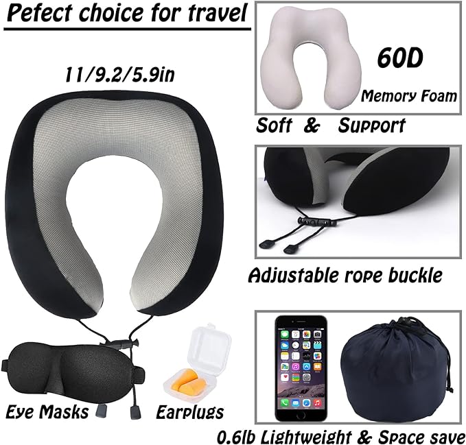 GOTDYA Travel Pillow,Travel Neck Pillows for Sleeping,100% Pure Memory Foam Soft Comfort & Support Pillow for Airplane/Car/Office&Home Rest Use-Black