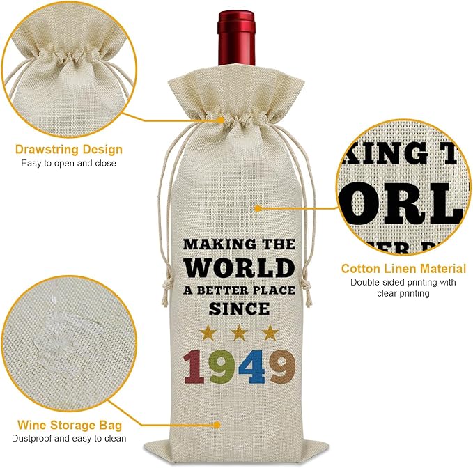 Sazuwu 75th Birthday Gifts Men Women Birthday Wine Bag 1949 Birthday Gifts 75 Year Old Birthday Gifts for Mom Dad Wine Bottle Decoration Bag Birthday Gifts for Turning 75 Wine Accessory Gifts
