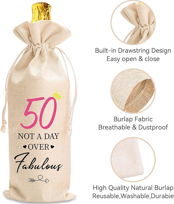 comfit 50th Birthday Wine Bag Gifts for Her,50th Birthday Wine Bag,50th Wine Bag With Drawstring,50th Birthday Decorations