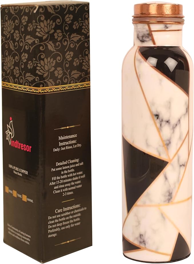 Pure Copper Water Bottle - Handcrafted - Ayurveda health benefits - Large 35 oz - Leak proof, Easy to carry for Sports, Fitness, Yoga, School- Royal Finish White Golden Black Mosaic Enamel