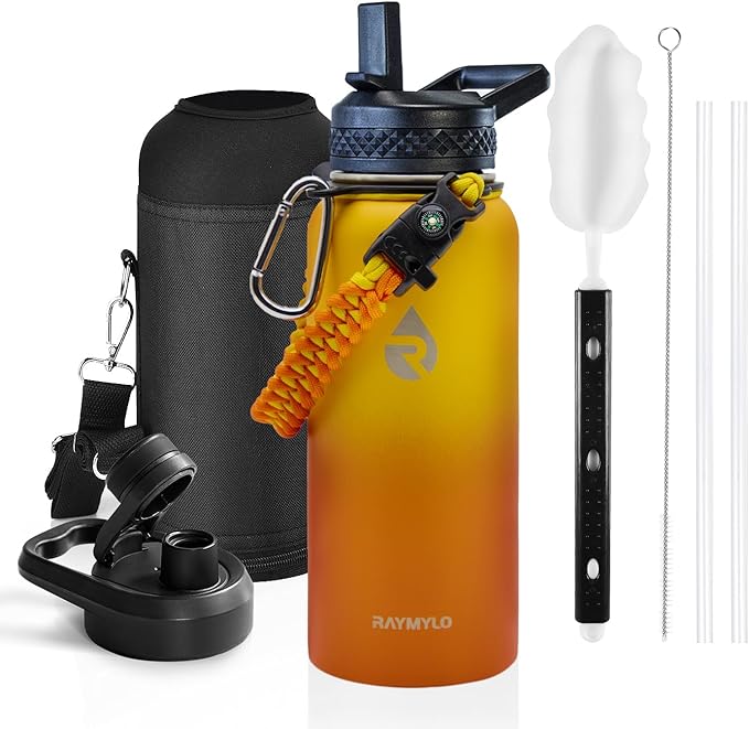 Insulated Water Bottle 32 oz, Triple Wall Vacuum Stainless Steel (Cold for 48 Hrs), Leak Proof & Non-BPA, Modern Water Flask Jug with Paracord Handle & Straw Spout Lids, Ombre Orange