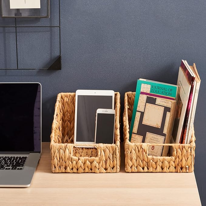 EZOWare Woven Open Front Storage Baskets, Natural Water Hyacinth Wicker Storage Trapezoid Organizer Bin Boxes with Handles for Closet Clothes Kids Room Nursery, Empty Decorative Gift - Set of 2