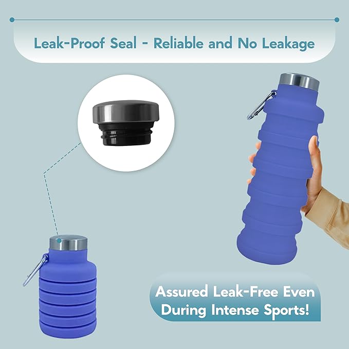 Collapsible Water Bottles 17oz, Odorless BPA-Free Silicone, Leak-Proof Foldable Reusable Bottle - Perfect for Travel Sports Gym Hiking Camping Cycling - Purple