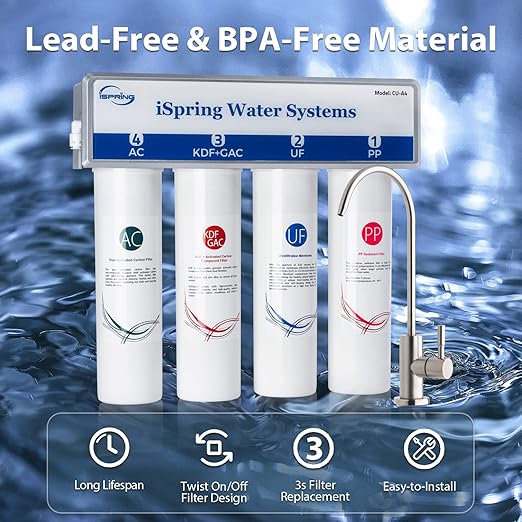 iSpring CU-A4 0.01μm Ultra-Filtration Under Sink Water Filter System, Tankless 4-Stage High Capacity, Remove 99.99% Contaminants, Quick Filter Change with Brushed Nickel Faucet, White