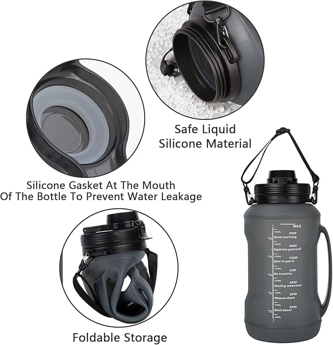 Collapsible Water Bottles, Foldable Water Bottle 67.6oz/2L, Portable Sports Water Bottle, Reusable Travel Water Bottle, Motivational Water Bottle, Leak Proof, BPA Free, Straw & Handle (Black)