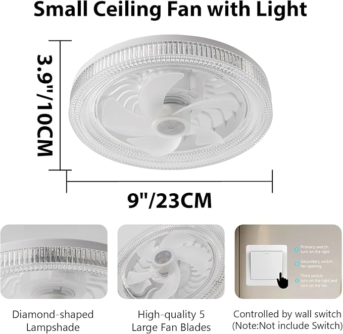 Socket Fan Light -9''Ceiling Fans with Lights,Mini Light Socket Fan with Led Light,White -6500k Lights Fan,Socket Room Fan for Bedroom,Garage