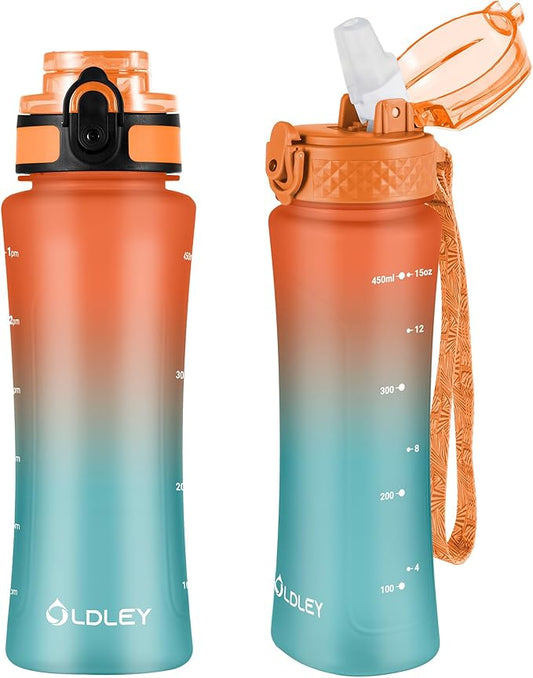 OLDLEY Kids Water Bottle for School with Straw Chug Lid, 15 oz Unbreakable Leak-Proof BPA-Free Motivational Water Bottles with Time Marker for Travel Sports Gym, 2 Lids, Orange/Green