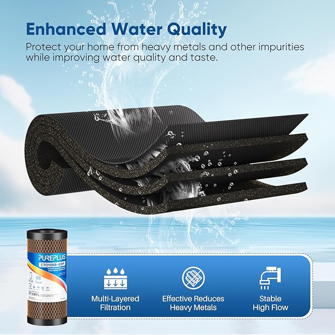 PUREPLUS 5 Micron 10" x 4.5" Whole House Coconut Shell Activated Carbon and KDF Water Filter, Heavy Metal Removal Replacement Water Filter, CTO10BB-KDF, 3 PACK