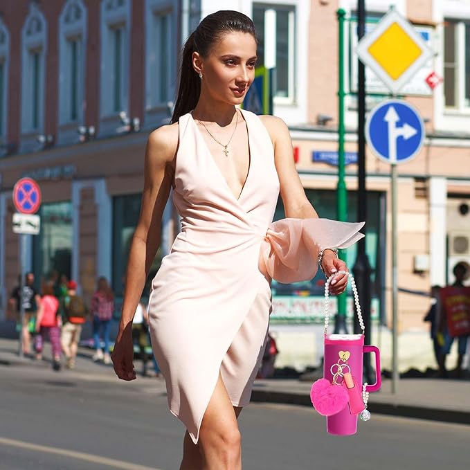 Water Bottle Accessories Set with Silicone Water Bottle Handle with Strap Hanging Charms Compatible with Stanley Cup(Rose Red)